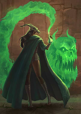 Sorceress conjures a skull from green smoke