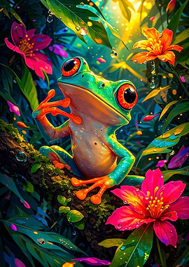 Vibrant Red-Eyed Tree Frog in Rainforest