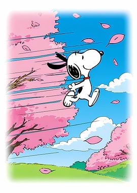 Snoopy Running Through Cherry Blossoms