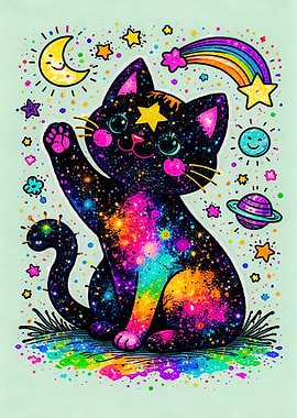 Galaxy Cat with Rainbow and Moon