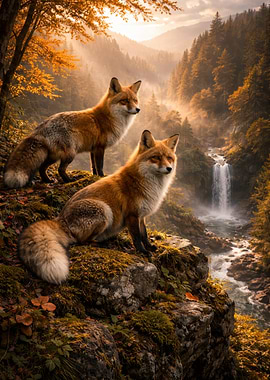 Two Foxes by a Waterfall