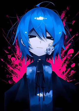 Blue-haired anime character with pink background