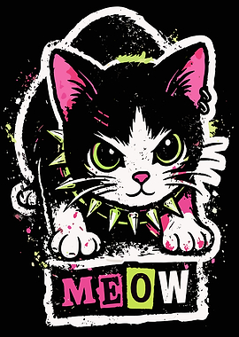 Punk Cat with 'MEOW' Text