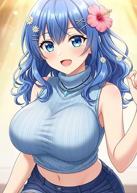 Anime Girl with Blue Hair and Flowers