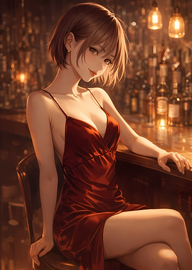 Woman in red dress at bar