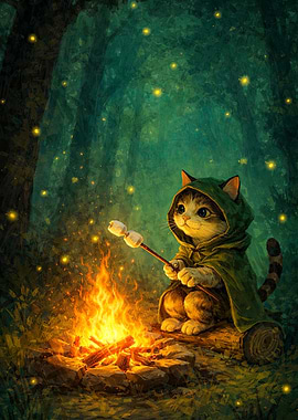 Cat roasting marshmallows by campfire