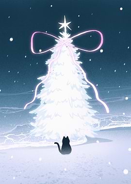 Cat watches glowing Christmas tree in snow