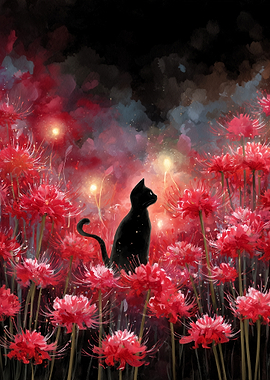 Black Cat in Red Spider Lilies