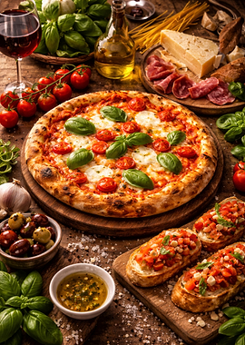 Italian Feast with Pizza and Bruschetta