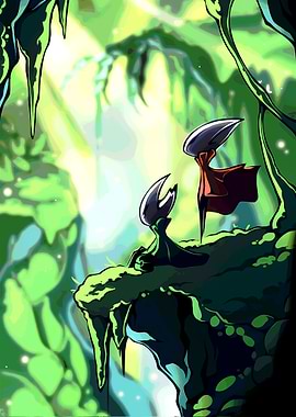 Two characters in a lush green environment
