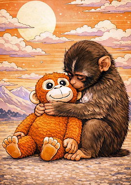 Monkey Hugging a Stuffed Toy