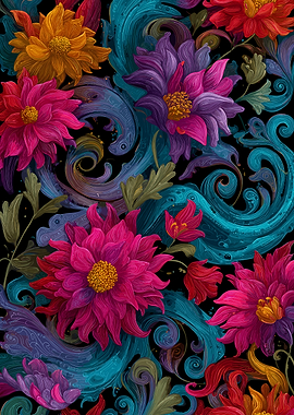 Vibrant Floral Pattern with Swirling Accents