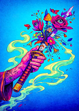 Surreal Samurai Sword with Flowers and Eyes