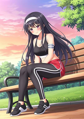 Anime girl in sportswear sitting on a bench