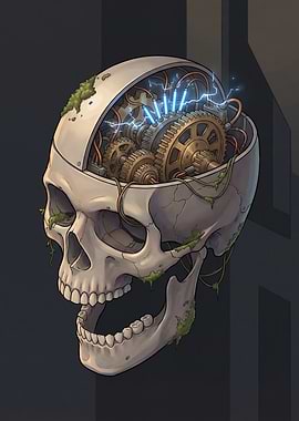 Steampunk Skull with Gears and Lightning