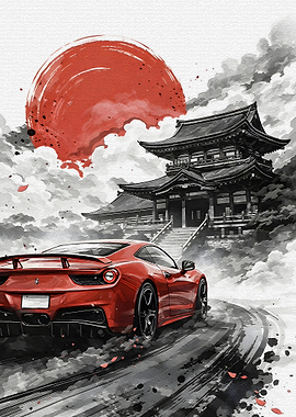 Red Sports Car Drifting by Japanese Temple