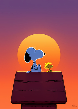 Snoopy and Woodstock on a Rooftop at Sunset
