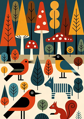 Whimsical Forest Scene with Animals and Mushrooms