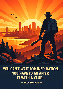 Man with bat overlooking city at sunrise