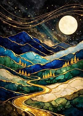 Enchanted Mountain Landscape Under a Full Moon