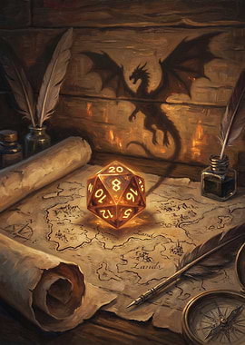 Fantasy D20 Dice and Dragon Shadow