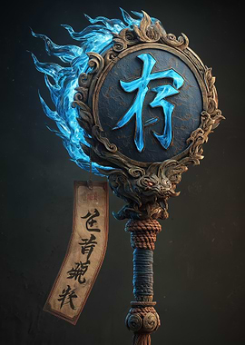 Mystical Asian Staff with Blue Flames