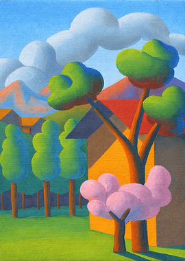 Stylized Landscape with Trees and Houses