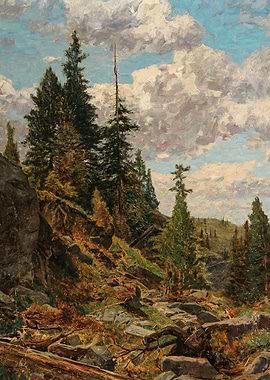 Rocky Forest Landscape with Clouds