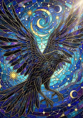 Stained Glass Raven Celestial Art