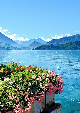 Serene Lakeside Landscape with Flowers