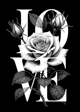 Love text with rose illustration