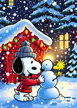 Snoopy and Woodstock build a snowman