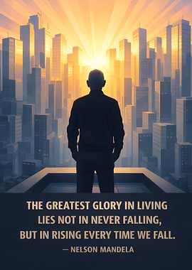 Man overlooking city at sunrise with quote