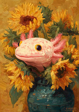 Axolotl in Sunflowers Painting