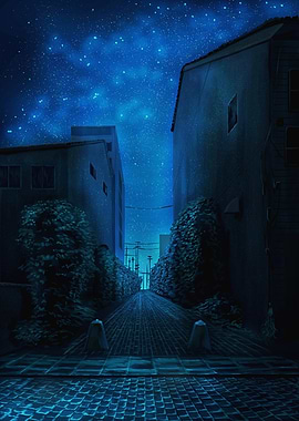 Alleyway under a starry night sky