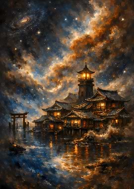 Fantasy Japanese Village Under Starry Sky