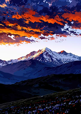 Dramatic Mountain Sunset with Fiery Clouds