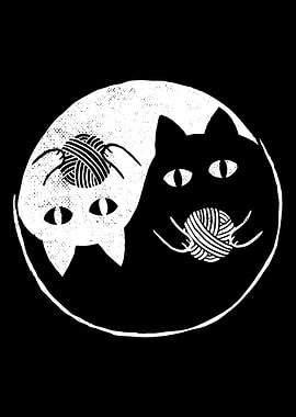 Yin Yang Cats Poster, Cute Cat Balance Wall Art, Black White Minimalist Cat Print