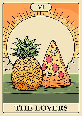 The Lovers Tarot Poster, Pineapple Pizza Card Art, Surreal Food Tarot Wall Print