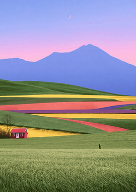 Pastoral Landscape with Red House and Mountains