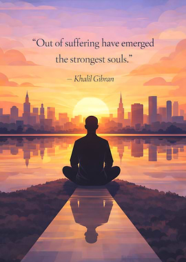 Man meditating at sunset over city