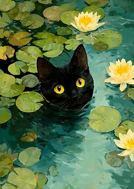 Black Cat in Water Lilies