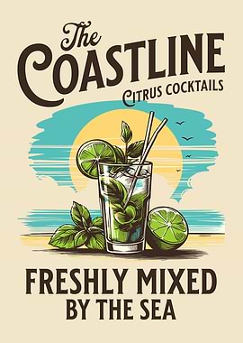 Coastline Citrus Cocktail Wall Art, Vintage Beach Drink Poster, Tropical Bar Coastal Decor