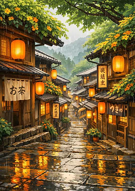 Rainy Japanese Street with Lanterns