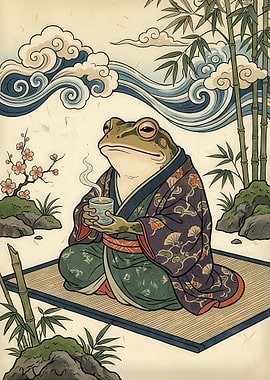 Frog in Kimono Drinking Tea