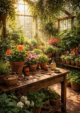 Sunlit Greenhouse with Blooming Flowers