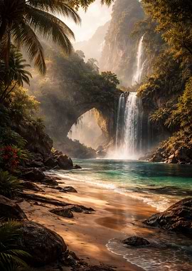 Tropical paradise with waterfalls and arch