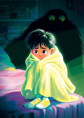 Scared Boy Hiding from Monster