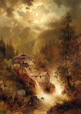 Moonlit Waterfall Mill Scene