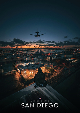 San Diego at Dusk with Airplane